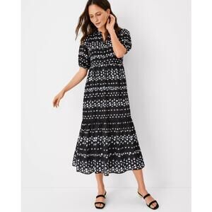 Ann Taylor Womens Short Sleeve Tiered Midi Dress XS Tall Black Floral V Neck